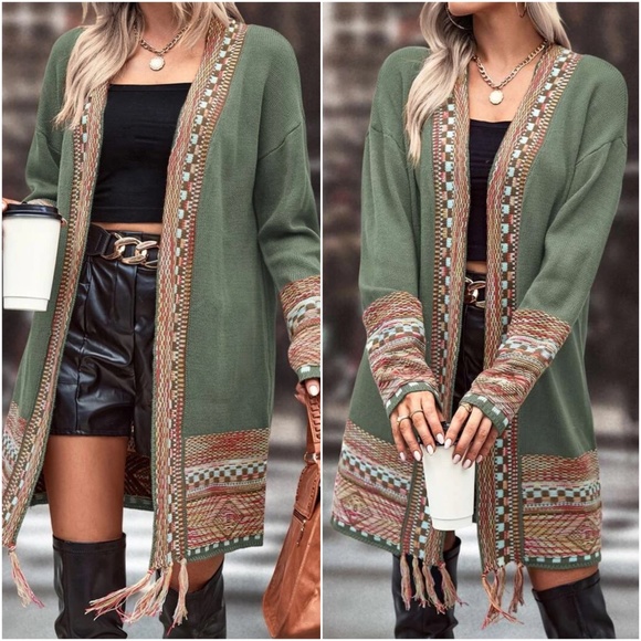 Cozy Geo Western open Front Tassel Hem Cardigan - Picture 1 of 5